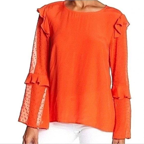 Nicole Miller New York | Ruffle Sheer Polka Dot Sleeves Red Blouse Size XS - Picture 1 of 4